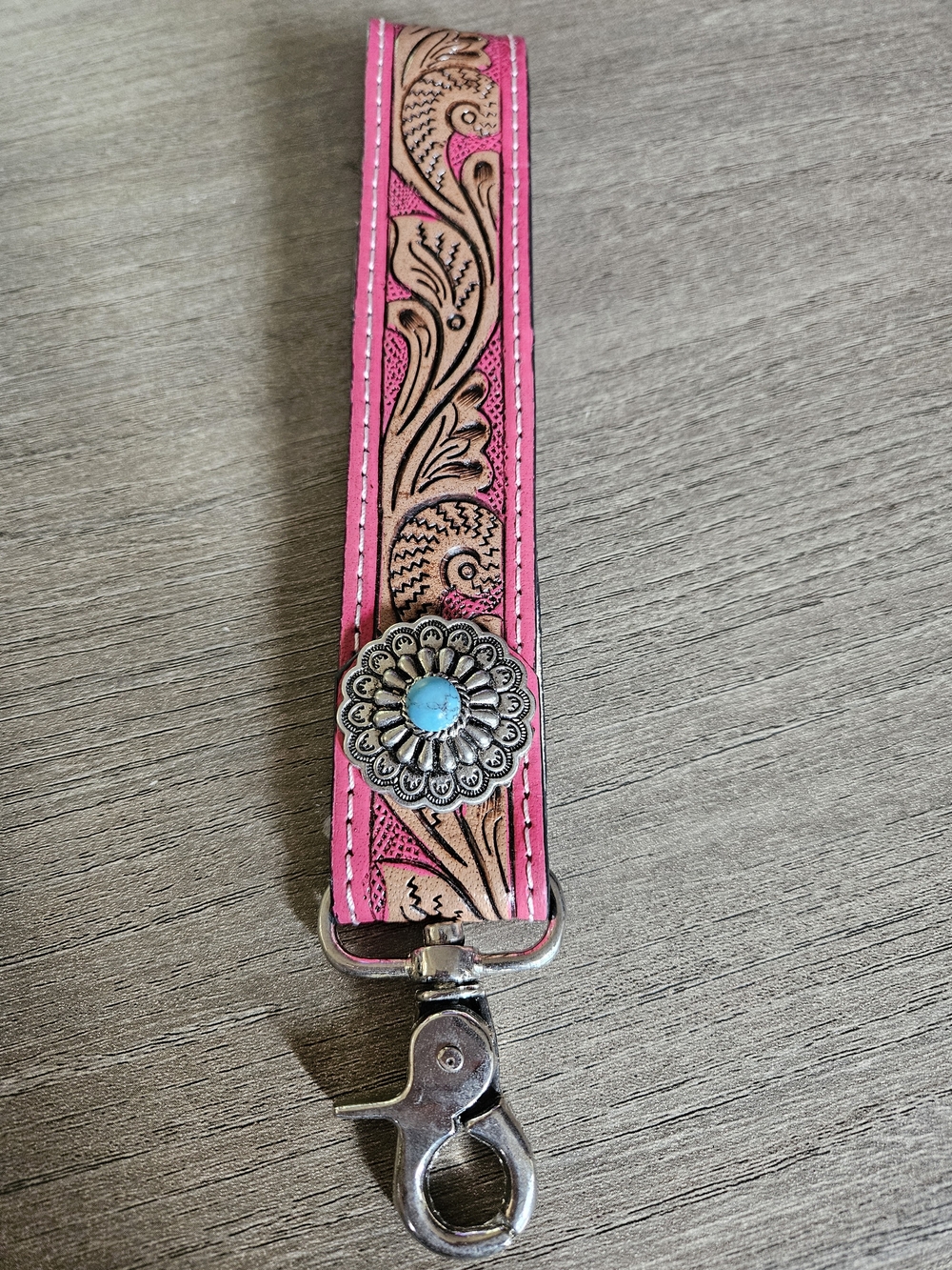 Pink Tooled Leather Key Fob with Turquoise Concho - NWOT